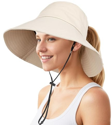 ehsbuy Sonnenhut Damen Faltbarer Breite Krempe mit Pferdeschwanzloch Sommerhut Bucket Breiter Rand Strand Fischerhut