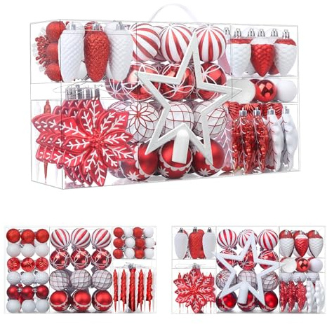 SHareconn 106pcs Christmas Baubles Ornaments for Christmas Tree Decorations | Shatterproof Plastic Decorative Baubles Set for Festival/Holiday/Wedding Party Decoration with Hooks Included,Ruby Red&White