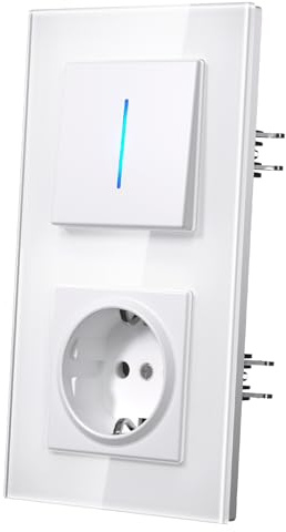 MVAVA Interruptores Conmutador con Garfio,Interruptor pared con Cristal,Basculante Con Pilotitos LED,Fácil Instalación,Conectores de Resortes,1 Gang 2 Vía con Enchufe,157mm Blanco