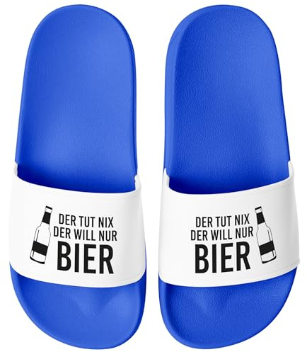 MoonWorks® Badeschlappen Spruch Lustig Der tut nix der will nur Bier Badelatschen Aufdruck Herren Umisex Badeschuhe Blau-weiss 43