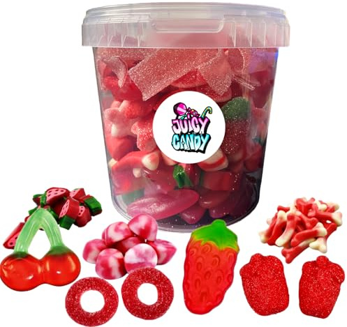 Süßigkeiten Mix Eimer Rot 500g – Rote Fruchtgummis aus aller Welt | Party Mischung Gummibärchen & Bonbons | Candy Box | Süßigkeitenbox Geschenkidee für Kinder & Erwachsene