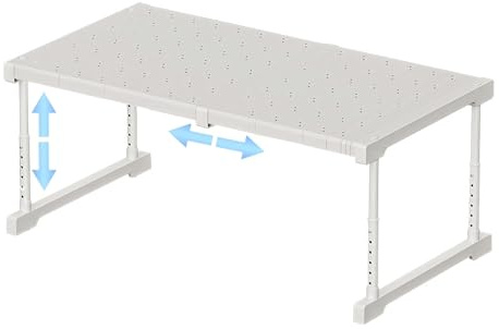 SOUNAY Erweiterbares Schrankregal, Stapelbar Schrank Aufbewahrungsregal, Höhenverstellbar Küchenthekenregal Weiß Schrank Organizer Verstellbar Länge 47-68cm, Robust Regal für Küche, Bad, Speisekammer