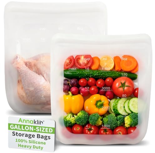 100% Silicone Gallon Storage Bags, Extra Large Reusable 1 Gallon Silicone Storage Bags Stand-Up Zip-Lock Leakproof for Bulk Food & Large Portions, Freezer Microwave Sous Vide Dishwasher Safe, 2 Pack