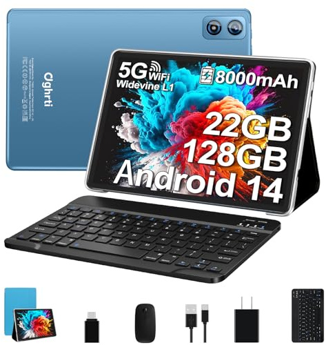 Dghrti Android Tablet, 22G+128G/1TB, 10 Inch Android 14 Tablets with 8000mAh Battery, Octa-Core, GPS, Split Screen, Face Unlock, 2 in 1 Tablet with Keyboard, Mouse, Case, Blue
