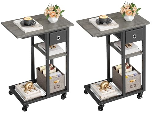 YITAHOME 2PCS C-Shaped End Table, Slim Sofa End Table with Fabric Drawer, Open Compartments and Lockable Wheels, Movable Side Table Workstation for Small Spaces, Living Room, Bedroom, Grey