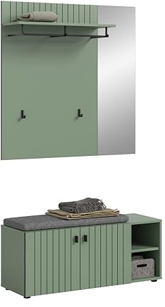 xonox.home – 2-TLG. Garderobenkombination Station 106x192x37 cm in Smoke Green – Garderoben-Set mit Sitzbank inkl. Kissen & Garderobenpaneel – Bequeme Ablage