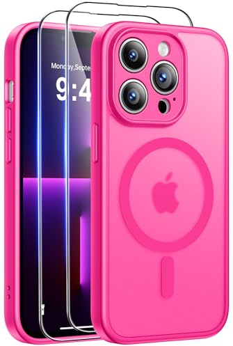 Qasyfanc Coque Magnétique pour iPhone 13 Pro avec 2 Verre Trempé,Rose Vif | Compatible avec MagSafe, Anti-Jaune Antichoc Anti-Chute Caméra Protecteur