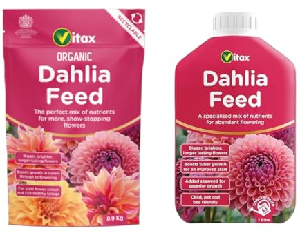 Vitax Organic Dahlia Feed 0.9kg & Liquid Dahlia Feed 1L Set – Complete Nutrient Duo for Bigger Brighter Blooms Strong Growth & Long Lasting Flowers Perfect for Pots Containers & Garden Beds