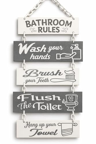 Bathroom Rules Wall Plaque – Grey 3D Printed Hanging Sign – Modern Bathroom Decor – Funny Bathroom Wall Art