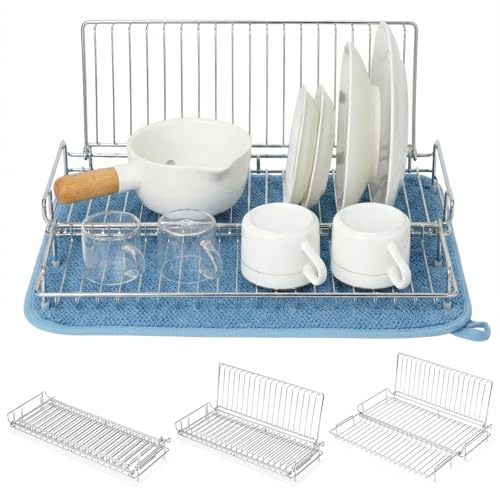 Collapsible Dish Drying Rack, Foldable Dishes Rack for RV Travel Trailer | JM.JEEMI Folding & Camping Dish Drainer with Absorbent Mat, Compact Space Saving Kitchen Organizer, Stainless Steel, Silver