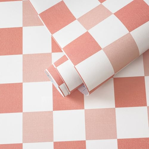 Yomshi Rouleau de papier peint autocollant en vinyle amovible et imperméable pour tiroirs, salle de bain, décoration murale - Motif écossais rose et blanc - 44 x 1000 cm
