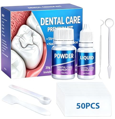 Tooth Filling Repair Kit,Temporary Tooth Repair Kit with 50 Mixing Pads & 4 Tools,Home DIY Solution for Fillings or Fixing Loose Crowns Inlays Braces