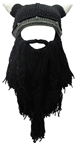 Metyou Erwachsene Wikinger Bart Beanie Horn Mütze Winter Warme Maske Hut Strickmütze Wolle Lustige Skull Cap, schwarz 1, Einheitsgröße
