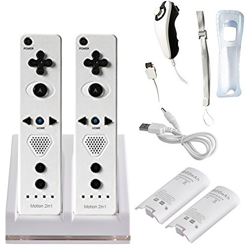 2X Build in Motion Plus Wireless Remote Controller & 2X Nunchuk Controller & 1x Charging Dock Controller Includes 2 Pcs of 2800mAh Battery Pack for Nintendo Wii & Wii U (Design-B White/Blue)