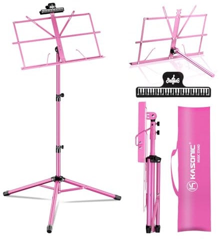 K Kasonic Leichter Notenständer, 2-in-1 Zusammenklappbarer Notenständer mit Notenblatt-Clip, Tragbarer Notenständer mit Tragetasche, Reisenotensänder-Stativ für Musikalische Bedürfnisse, Rosa