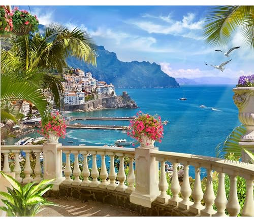 decomonkey - Papier Peint Panoramique Paysage 400x280 cm - Décoration murale moderne – Tapisserie décorative pour chambre salon - Mer, ciel, paysage, plantes, italie