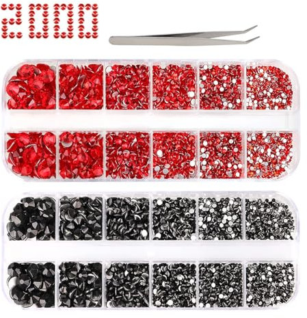 PHOGARY Rhinestones for Craft, Flat Back Rhinestones 6 Sizes (2-5 mm) with Pick Up Tweezer for Crafts Nail Face Art Clothes Shoes Bags Phone Case DIY (red&black)