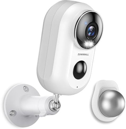 ZUMIMALL Überwachungskamera Aussen Akku, 2K Kabellose Outdoor WLAN IP Kamera mit PIR Bewegungsmelder, IR Nachtsicht, IP66 Wasserdich, 2-Wege Audio, Cloud/SD Storage, Sirenenalarm (Weiß)