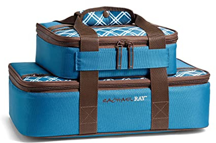 Rachael Ray Lugger Duo, Insulated Casserole Carrier for Hot or Cold Food, Thermal Lasanga Lugger Tote for Pockluck, Parties, Picnic, and Cookouts, Fits 9 x 13 Baking Dish, Blue Plaid