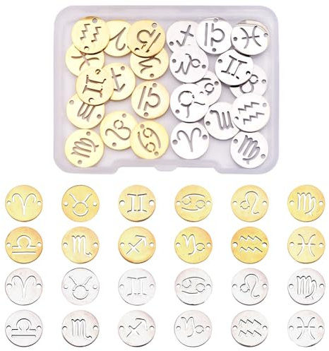 Cheriswelry 24 flache runde Sternzeichen-Anhänger aus Titanstahl mit 12 Sternbild-Verbindungsgliedern für DIY-Schmuckherstellung, Loch: 0,8 mm.