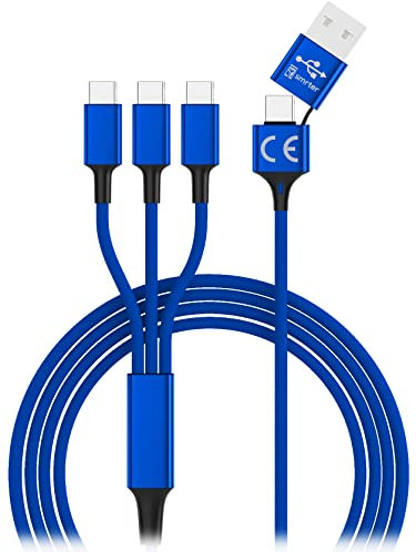 smrter 3-fach USB C Ladekabel - 3x USB Typ C Anschluss, 120 cm, maximal 3A Ladegeschwindigkeit, mit USB/USB-C Adapter (1 Stück)