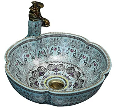 Keramik Waschbecken in Hellblau, Blumenform, Porzellan, Aufsatzwaschbecken für Badezimmer, Bar und Garderobe