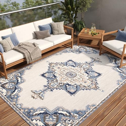 TAPISO Patio Teppich Outdoor Indoor Grau Blau Creme Ornament 140 x 200 cm | strapazierfähiger Teppich UV-beständig Flachgewebe Sisaloptik Robust Wetterfest Terrasse Wintergarten Balkon OEKO-TEX