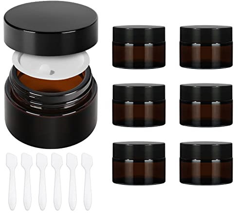 Yishik 6 Pack 30ml Amber Glass Round Jars with Black Lids, 1 oz Empty Cosmetic Jars Face Cream Storage Containers for Powder,Lotion,Beauty Products,Travel Favors