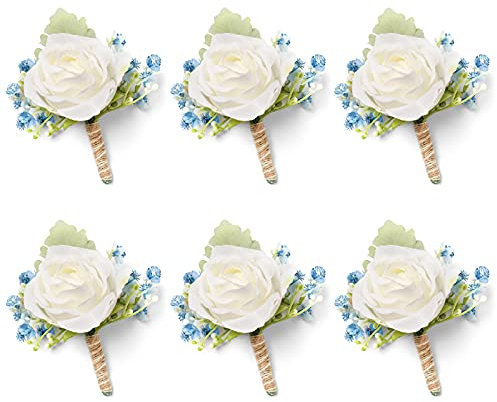 YSUCAU Weiße und blaue Rosen-Boutonniere für Herren, Hochzeit, Babyatem, Boutonniere für Trauzeugen, Trauzeugen, Hochzeit, Abschlussball, 6 Stück