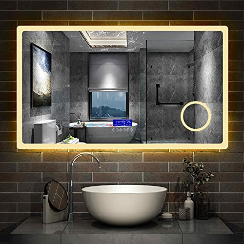 Aica Sanitär LED Spiegel Bad 160×80cm 2 Lichtfarbe 2700/6000K Wandspiegel mit Bluetooth, Uhr, Touch, Beschlagfrei,3-Fach Vergrößerung Schminkspiegel IP44 Kalt/Warmweiß energiesparend