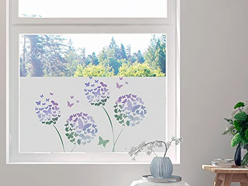 GRAZDesign Sichtschutzfolie Bunte Pusteblume mit Schmetterlingen, Fensterfolie für Wohnzimmer, Küche, Büro, Blickdicht und lichtdurchlässig / 80x57cm