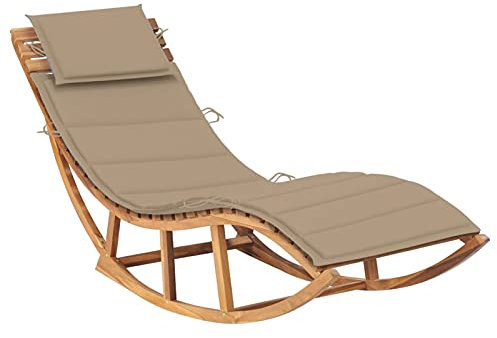 Tidyard Schaukelliege mit Beige Auflage Schaukelbare Holzliege Gartenliege Balkonliege Liegestuhl Lattenrost Terrassenliege Sonnenstuhl Relaxliege Gartenmöbel Massivholz Teak