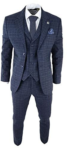 Mens Herringbone Tweed 3 Piece Suit Blue Classic Vintage Tailored Wedding Blinders
