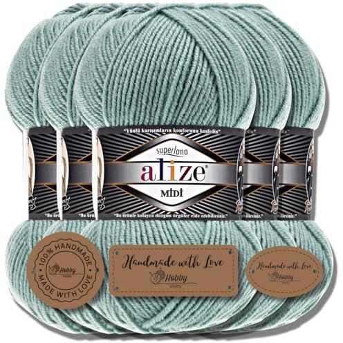 Alize 5 x 100g Superlana Midi Türkische Premium Wolle Baumwolle und Acryl Uni Handstrickgarne | Yarn | Garn | Strickgarn Einfarbig Baby zum Häkeln Stricken Kleidung Schals (Light Aqua | 463)