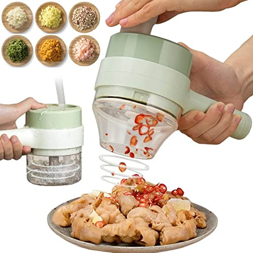 ZLYJ 4 In 1 Handheld Electric Vegetable Cutter Set, Portable Vegetable Slicer Blender, Mini Garlic Crusher With One Button Control, USB Wireless Processor Green