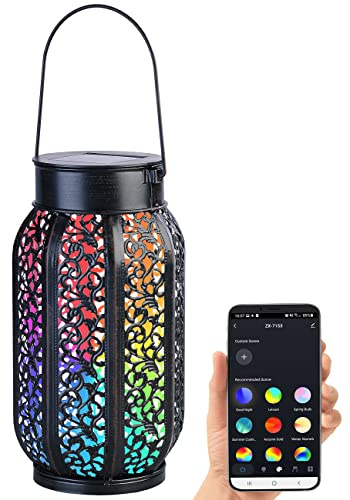 Lunartec Solartischleuchte: Smarte Solar-Laterne aus Metall mit RGB-CCT-LEDs, App, Bluetooth, IP44 (LED-Solar-Windlichter, Solar-RGB-LED-Lampe, Terrasse)