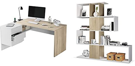 Habitdesign 0F4655A - Mesa Office, Mesa Despacho, Ordenador, Modelo BUC 3 Cajones + Estantería Librería, Salón, Comedor o Despacho, Modelo Zig-Zag,