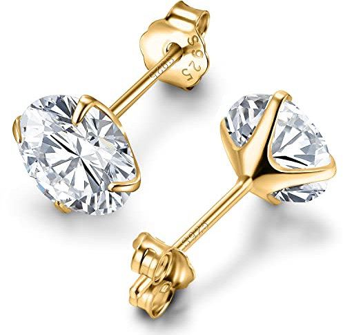 day.berlin Damen Ohrstecker in Gold 18k vergoldet, 925 Sterling Silber mit 7mm Zirkonia Kristall, Ohrringe rhodiniert, nickelfrei und wasserfest