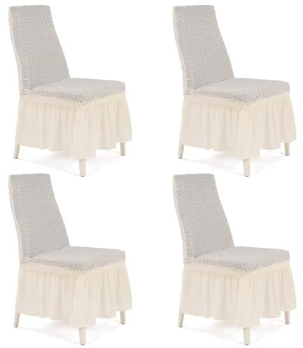 My Palace Stuhlhussen Bianca - mit Rüschen 4er Set elastische Stretch Hussen für Esszimmerstühle Hochzeit abnehmbare und waschbare Stuhlbezüge, Stuhl-Sitzbezug, Stuhlüberzüge Creme Cream