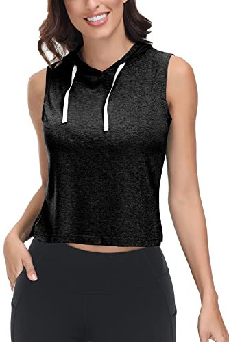 ELFIN Sportshirt Damen T-Shirt Sommer Ärmelloses Crop Tanktop Sportkleidung Mit Kapuzen Locker Oberteile Basic Tops