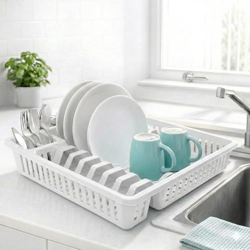 METALLIC TURTLE White Small Plastic Dish Drainer Rack with Cutlery Holder Kitchen Sink Draining Board for Plates, Cups, and Utensils Countertop Drying Rack (37.7 x 30 x 7 cm)