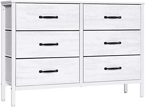 LYNCOHOME Chest of Drawers, TV Unit with 6 Drawers, TV Stand Cabinet with Deep and Large Drawers for Living Room,Bedroom, Sitting Room, White