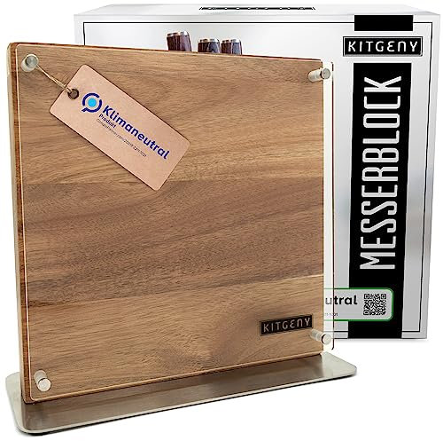 KITGENY | Design Messerblock magnetisch – Akazien Holz Messerhalter magnetisch – Rutschfester Magnet Messerhalter mit Schutzscheibe – elegant & hochwertig Messerblock magnetisch beidseitig (natur)