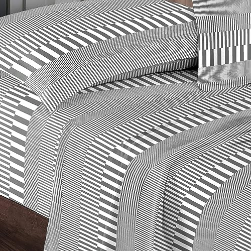 Pizuna Cotton Grey Printed King Size Bed Sheet Set 400 Thread Count | Cascade Stripe 100% Long Staple Cotton Bedding Sateen Sheets Includes 1 Fitted Sheet 2 Pillowcase