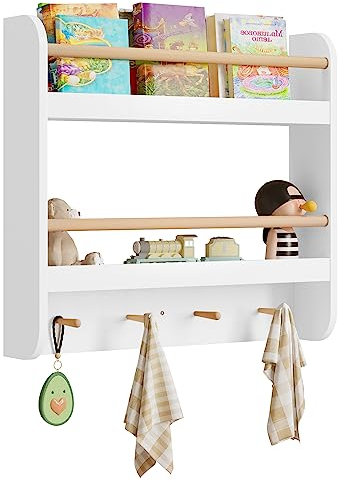 WOLTU Kinder Bücherregal, Wandregal, Kinderregal, Spielzeugregal, Aufbewahrungsregal mit 2 Ablagen 4 Haken, Regal für Bücher Spielzeug, für Kinderzimmer, 60x55x12 cm, Holz, MDF, weiß