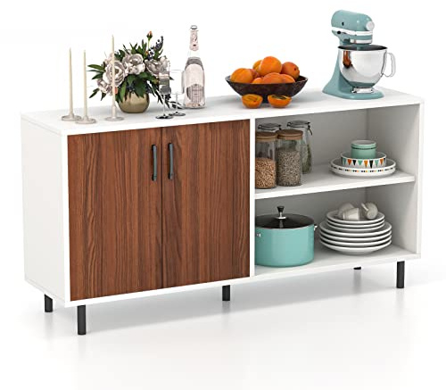 COSTWAY Credenza Buffet da Cucina, Armadio Moderno con Porte e Scomparti Aperti, Gambe in Metallo, per Sala da Pranzo Soggiorno, 148x40x75 cm