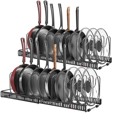 XUANYU Rangement Casserole Réglables, Porte Couvercle de Pot, Porte-casseroles Tiroir avec 20 Compartiments, Organiseur de Poêle sous Évier, Rangement pour Poêles, Casseroles et Couvercle (Noir)