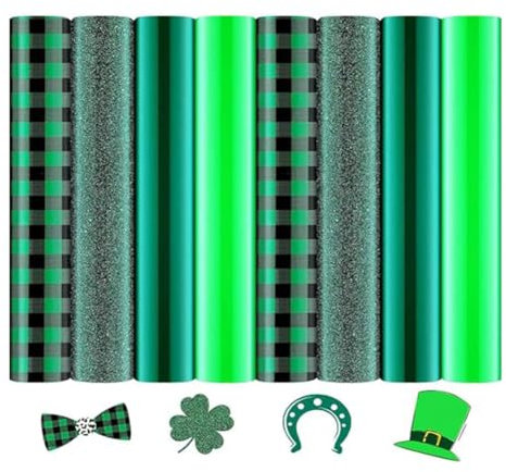 Zicojia 8 Pcs Heat Transfer Vinyl, 8 Sheets Green Glitter PlaidPattern Iron on Vinyl, Film Heat HTV Vinyl for DIY Easy to Use