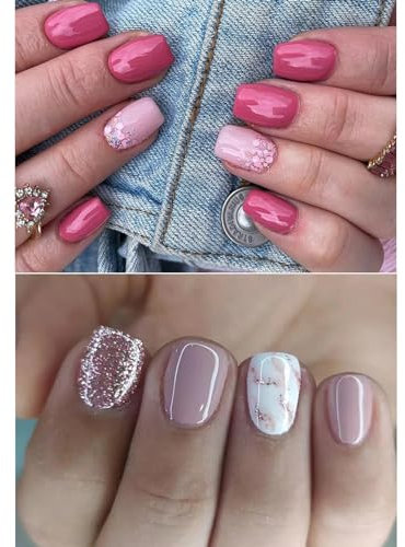 Ceboic 2 Packs (48 Pcs) Press on Short Square False Nails - French Tip Acrylic Pure Color Pink Glitter Glue on Set for Women and Girls DIY Manicure