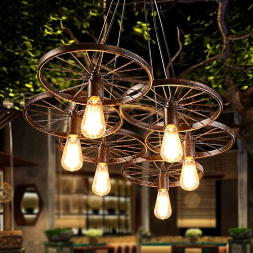 XUEMANSHOP Hängelampe, E27 Retro Wagenrad Hängelampe Metall Kronleuchter, 6 Rad Wohnzimmer Deckenleuchte Pendelleuchte, Keine Glühbirne, Bronze